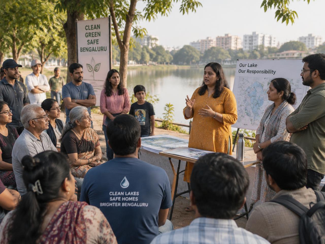 Residents gathered at a community meeting beside a lake in Bengaluru